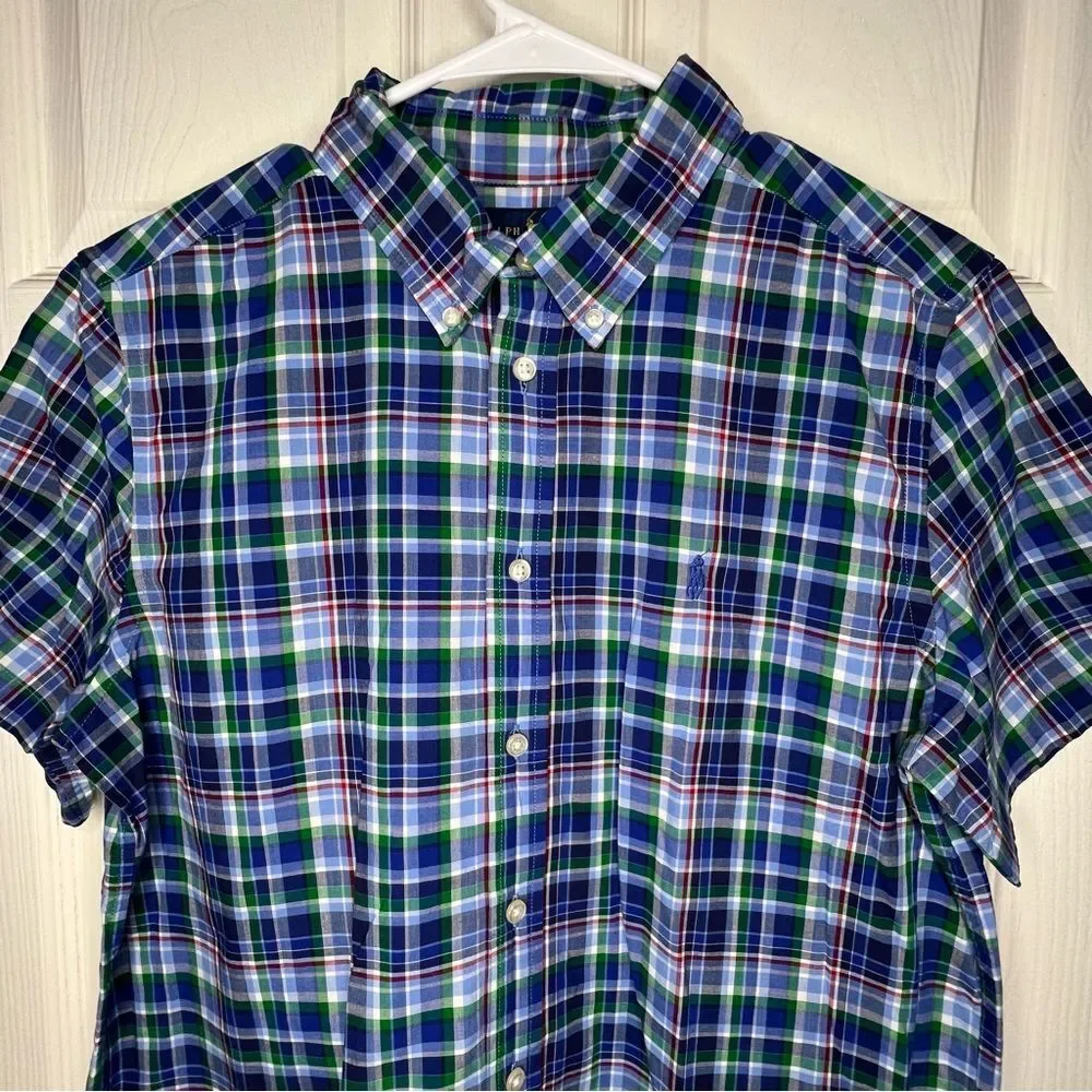 Ralph Lauren Button Down Short Sleeve Blue Plaid Boys Preppy Casual Shirt Sz XL